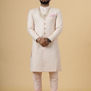 Alluring Peach Thread Embroidered Sherwani | Father Son Combo | Perfect Groom Wear